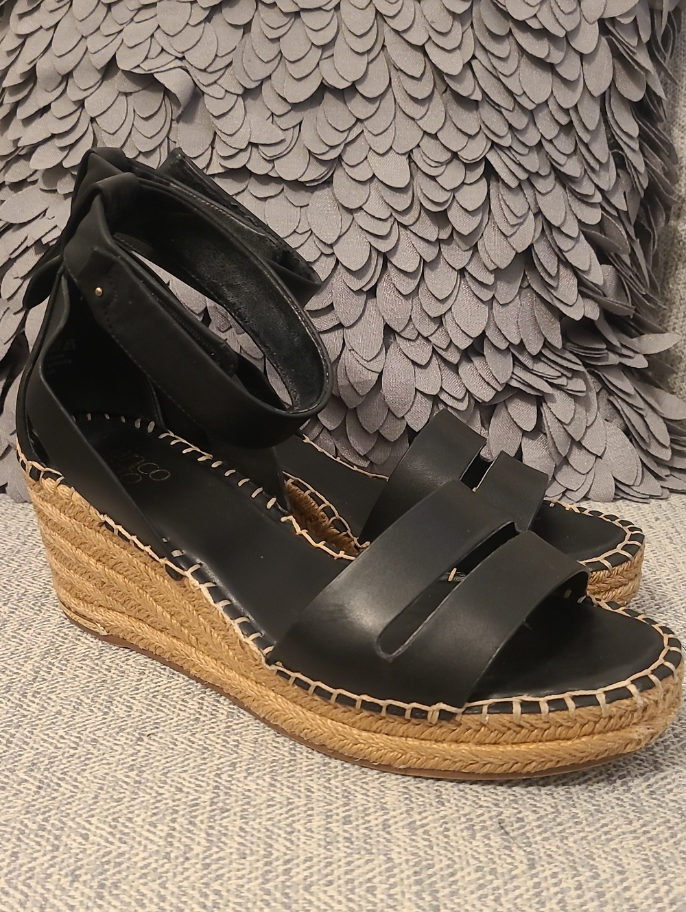 Franco Sarto Black Leather Espadrille Wedge Sandals with Ankle Strap